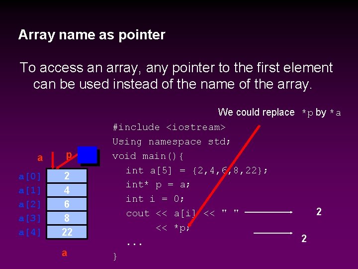 Array name as pointer To access an array, any pointer to the first element