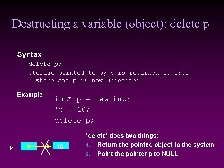 Destructing a variable (object): delete p Syntax delete p; storage pointed to by p