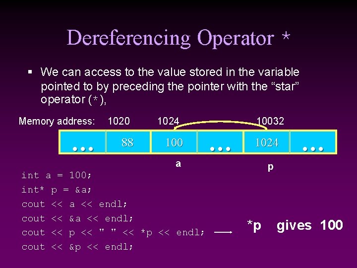 Dereferencing Operator * § We can access to the value stored in the variable