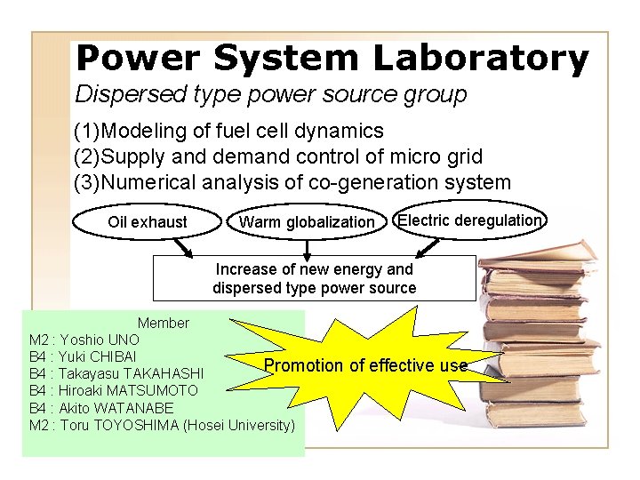 Power System Laboratory Dispersed type power source group (1)Modeling of fuel cell dynamics (2)Supply