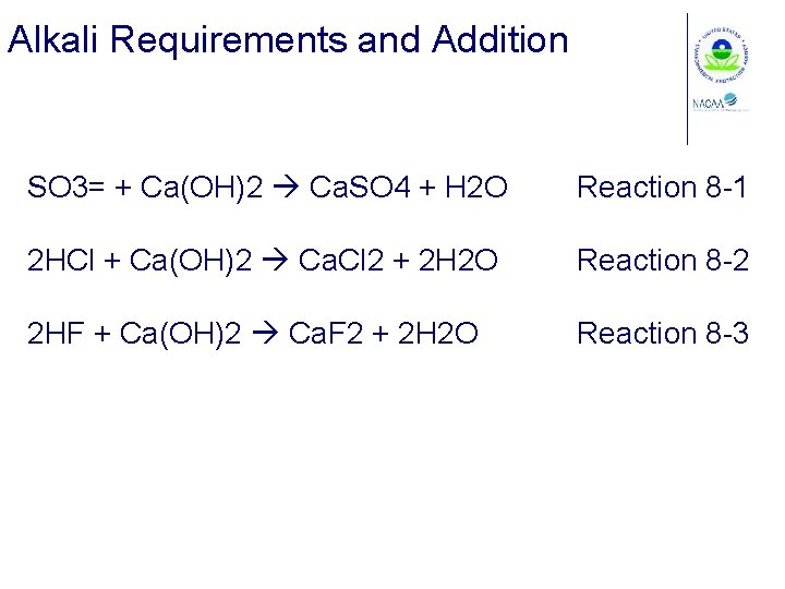 Alkali Requirements and Addition SO 3= + Ca(OH)2 Ca. SO 4 + H 2