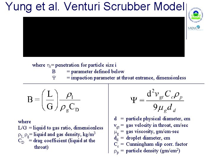 Yung et al. Venturi Scrubber Model where i= penetration for particle size i B