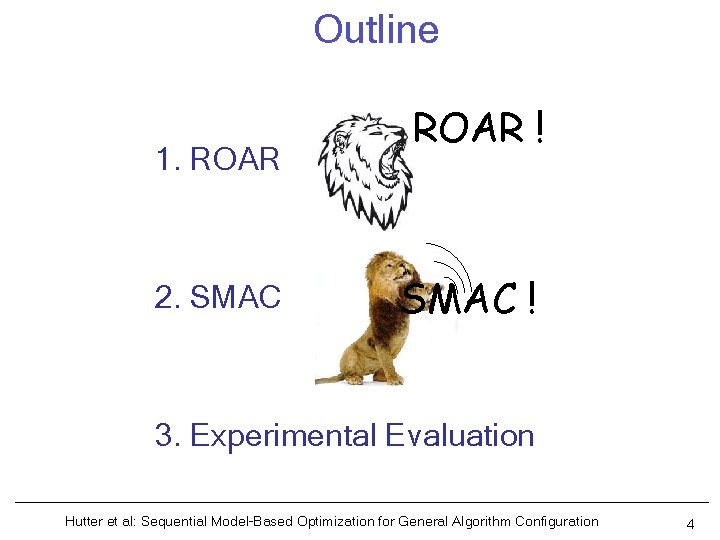 Outline 1. ROAR 2. SMAC ROAR ! SMAC ! 3. Experimental Evaluation Hutter et