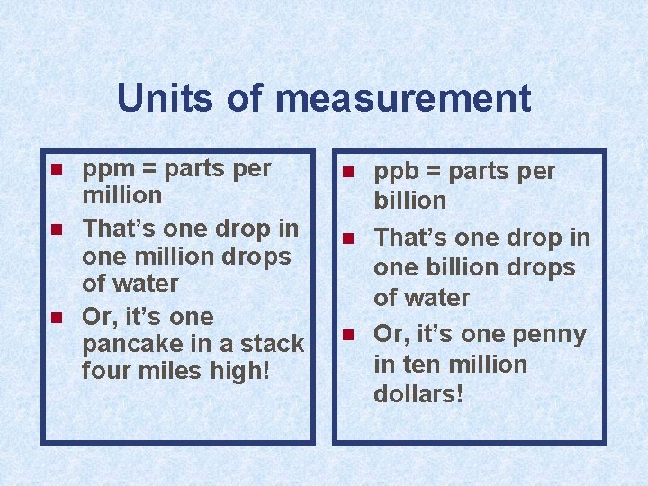 Units of measurement n n n ppm = parts per million That’s one drop