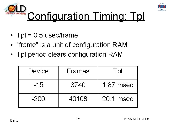 Configuration Timing: Tpl • Tpl = 0. 5 usec/frame • “frame” is a unit