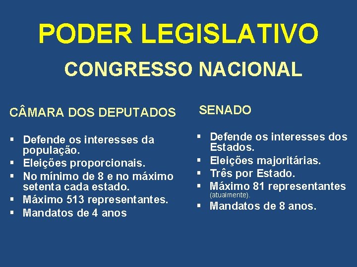 PODER LEGISLATIVO CONGRESSO NACIONAL C MARA DOS DEPUTADOS SENADO § Defende os interesses da
