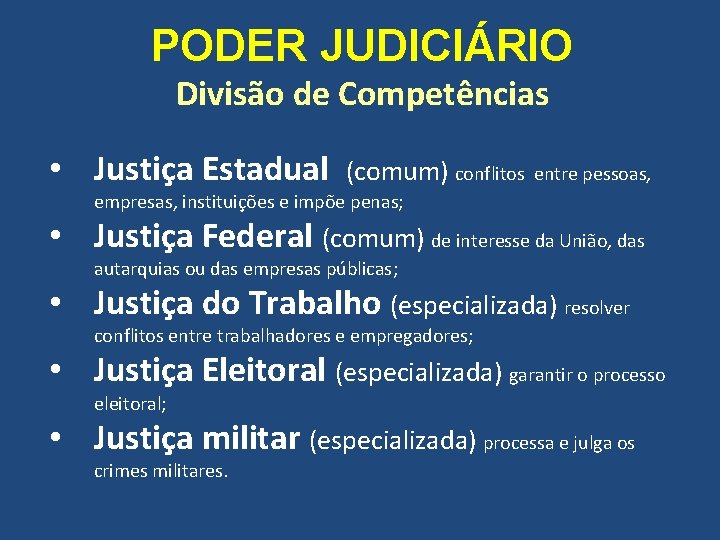 PODER JUDICIÁRIO Divisão de Competências • Justiça Estadual (comum) conflitos entre pessoas, empresas, instituições