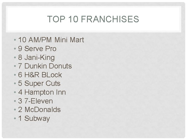 TOP 10 FRANCHISES • 10 AM/PM Mini Mart • 9 Serve Pro • 8