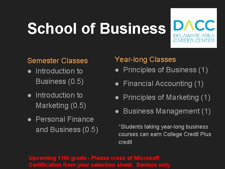 School of Business Semester Classes ● Introduction to Business (0. 5) Year-long Classes ●