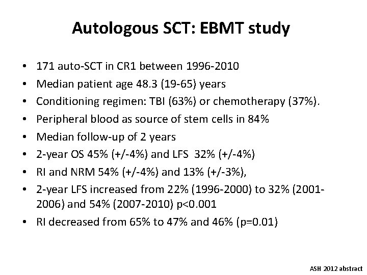 Autologous SCT: EBMT study 171 auto-SCT in CR 1 between 1996 -2010 Median patient