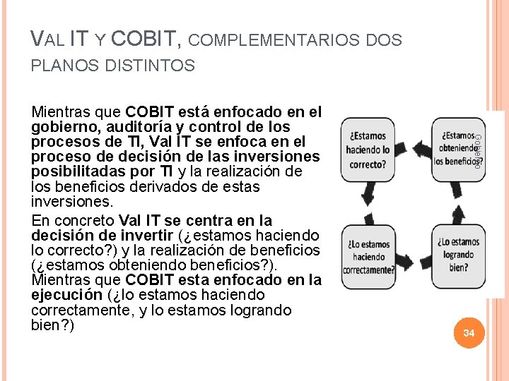 VAL IT Y COBIT, COMPLEMENTARIOS DOS PLANOS DISTINTOS Gobierno Mientras que COBIT está enfocado