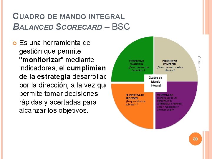 CUADRO DE MANDO INTEGRAL BALANCED SCORECARD – BSC Gobierno Es una herramienta de gestión
