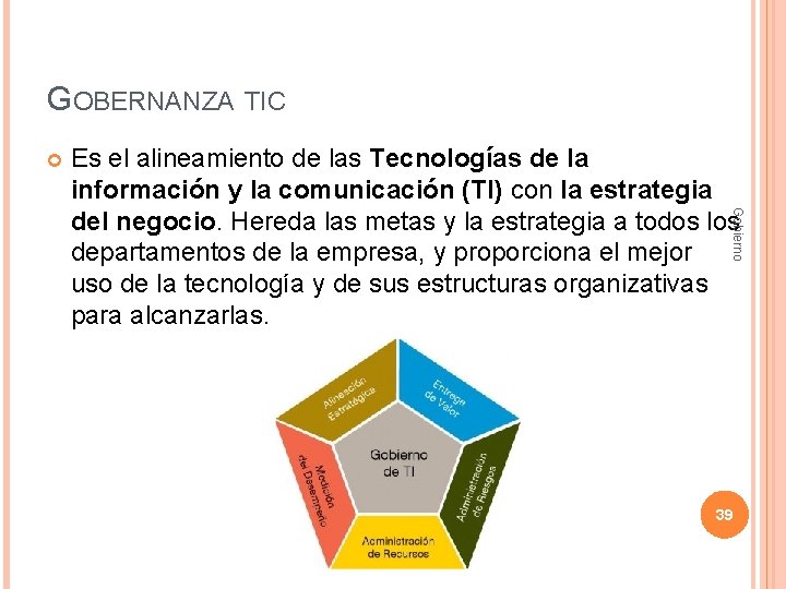 GOBERNANZA TIC Gobierno Es el alineamiento de las Tecnologías de la información y la