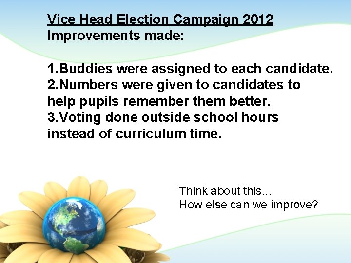 Vice Head Election Campaign 2012 Improvements made: 1. Buddies were assigned to each candidate.