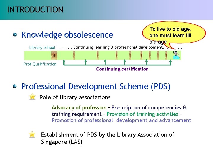 INTRODUCTION Knowledge obsolescence Library school Prof Qualification To live to old age, one must