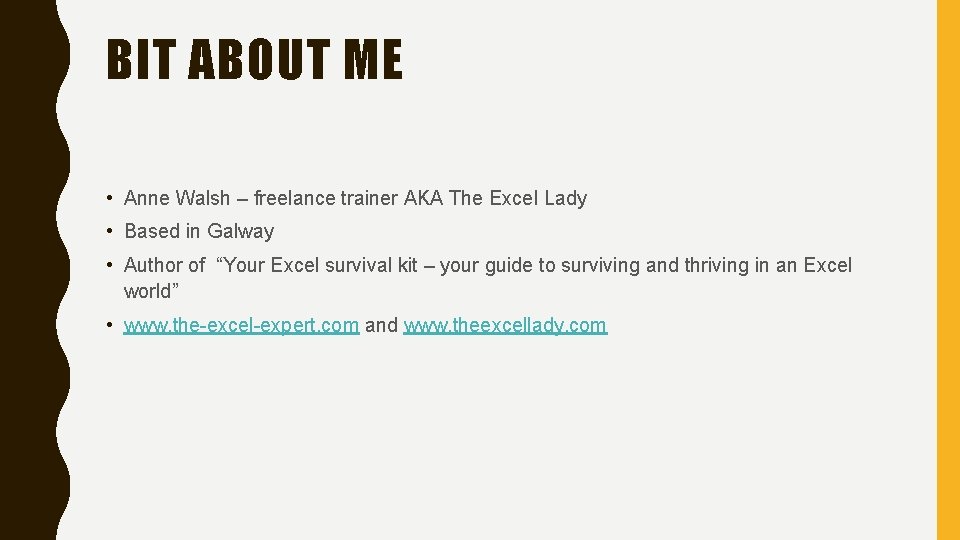 BIT ABOUT ME • Anne Walsh – freelance trainer AKA The Excel Lady •