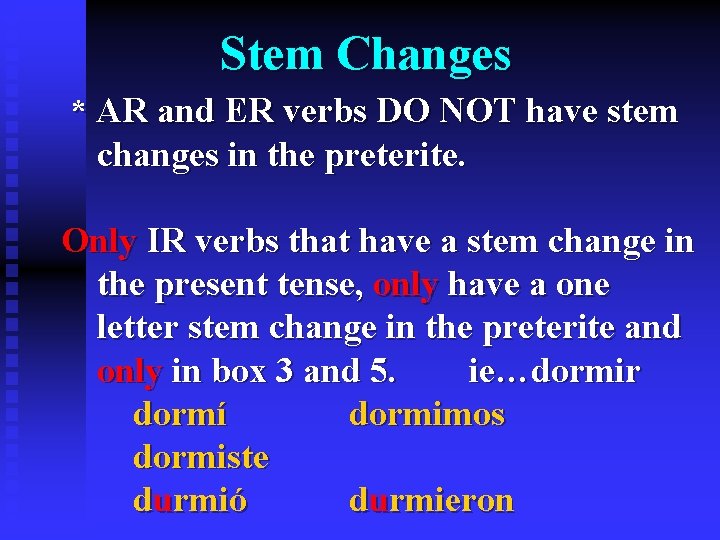 Stem Changes * AR and ER verbs DO NOT have stem changes in the