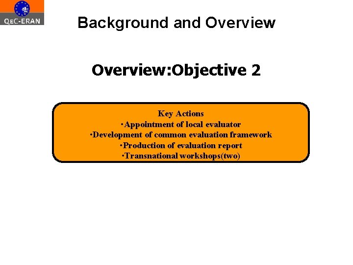 Background and Overview: Objective 2 Key Actions • Appointment of local evaluator • Development