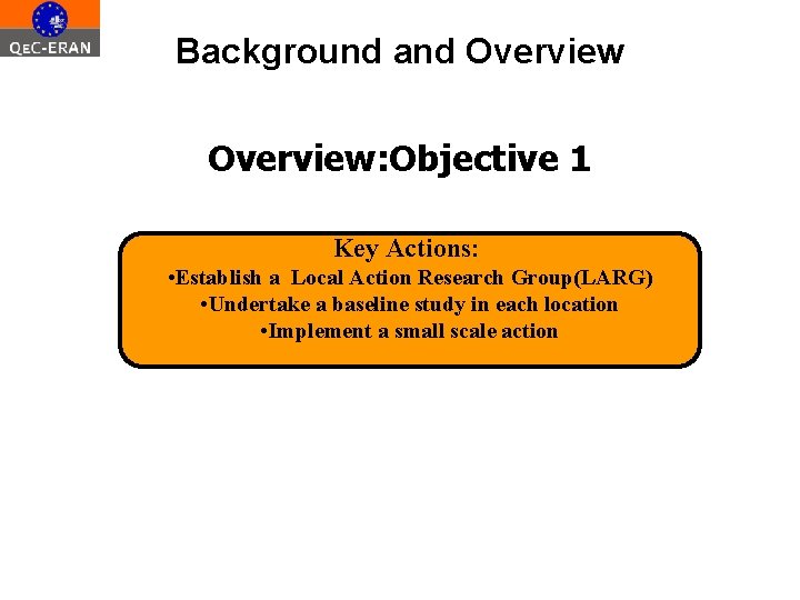 Background and Overview: Objective 1 Key Actions: • Establish a Local Action Research Group(LARG)