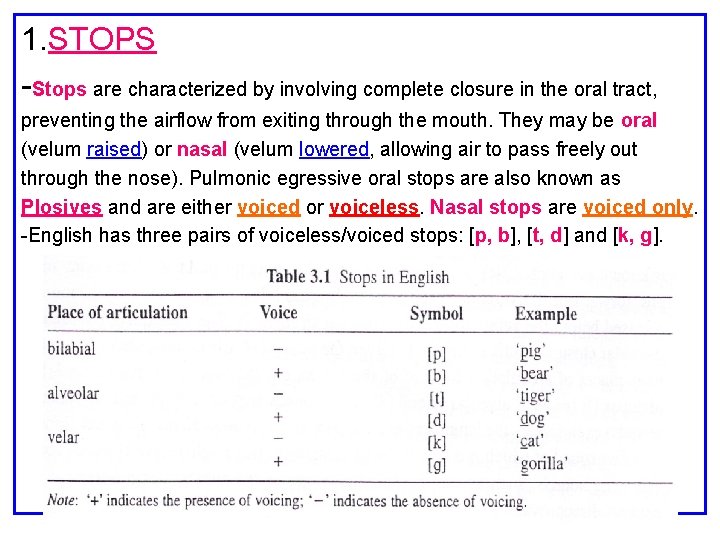 1. STOPS -Stops are characterized by involving complete closure in the oral tract, preventing