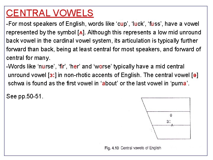 CENTRAL VOWELS -For most speakers of English, words like ‘cup’, ‘luck’, ‘fuss’, have a