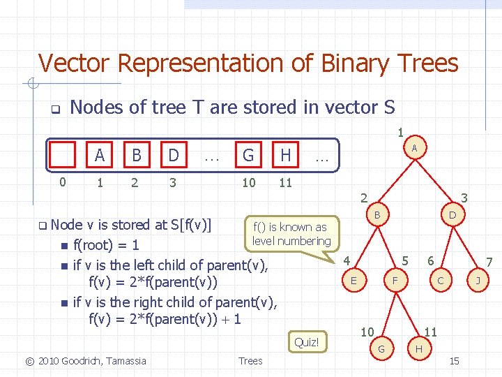 Vector Representation of Binary Trees q Nodes of tree T are stored in vector Vector Representation of Binary Trees q Nodes of tree T are stored in vector