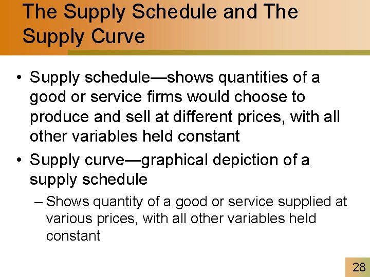 The Supply Schedule and The Supply Curve • Supply schedule—shows quantities of a good