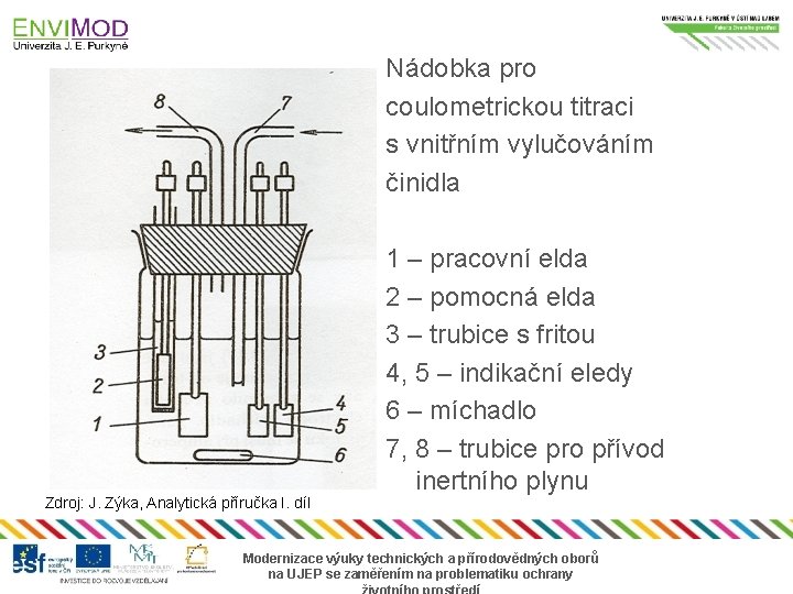 Nádobka pro coulometrickou titraci s vnitřním vylučováním činidla Zdroj: J. Zýka, Analytická příručka I.