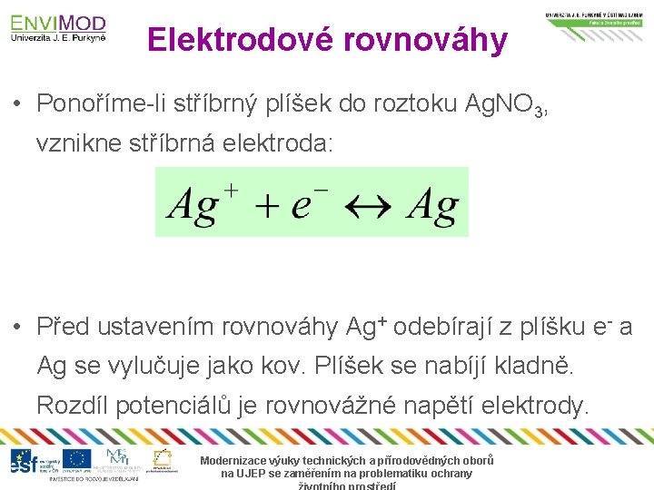 Elektrodové rovnováhy • Ponoříme-li stříbrný plíšek do roztoku Ag. NO 3, vznikne stříbrná elektroda: