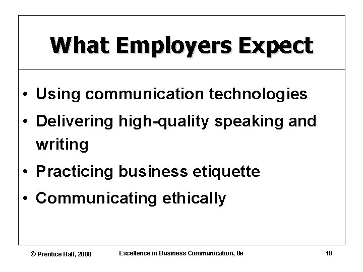 What Employers Expect • Using communication technologies • Delivering high-quality speaking and writing •