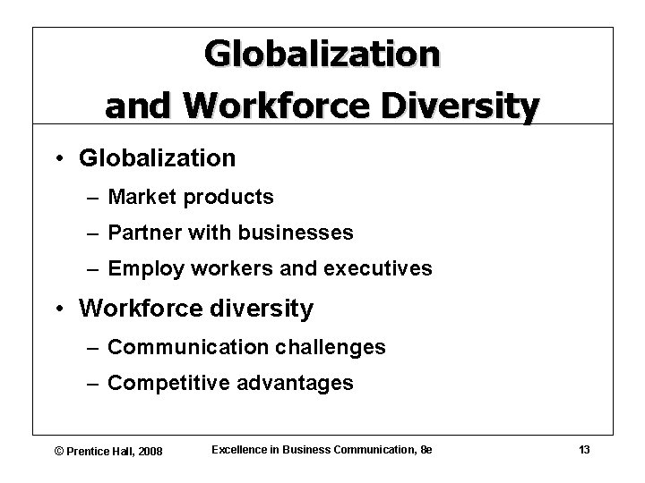 Globalization and Workforce Diversity • Globalization – Market products – Partner with businesses –