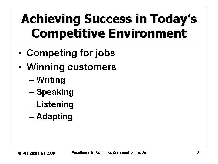 Achieving Success in Today’s Competitive Environment • Competing for jobs • Winning customers –