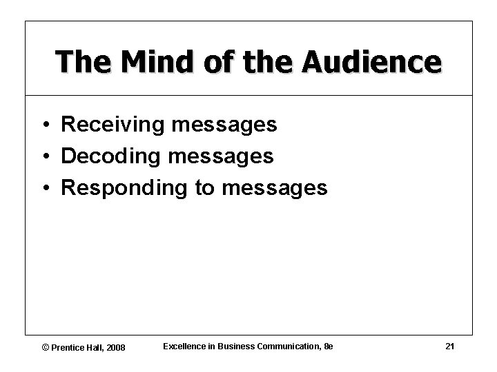 The Mind of the Audience • Receiving messages • Decoding messages • Responding to