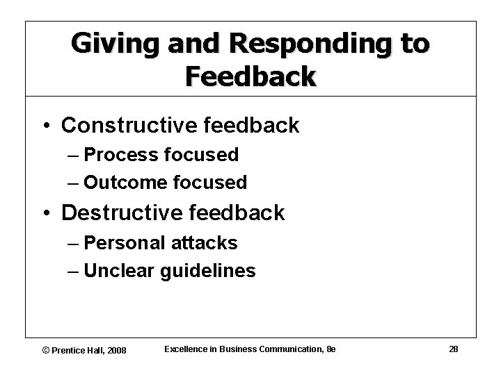 Giving and Responding to Feedback • Constructive feedback – Process focused – Outcome focused