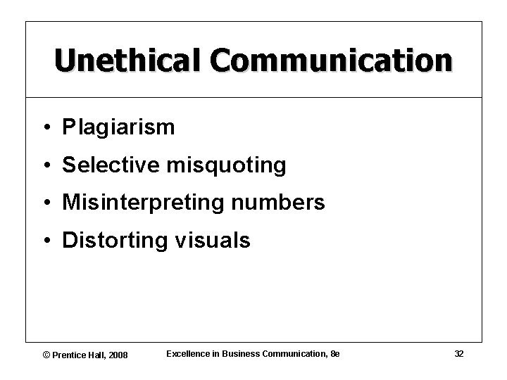 Unethical Communication • Plagiarism • Selective misquoting • Misinterpreting numbers • Distorting visuals ©