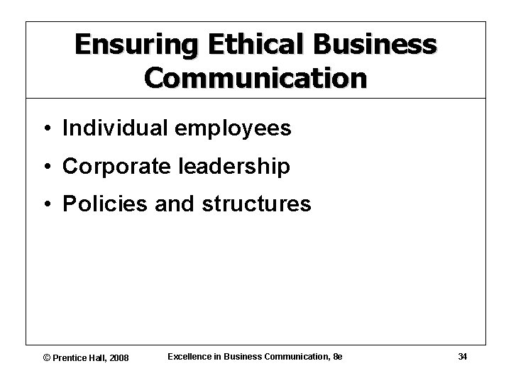 Ensuring Ethical Business Communication • Individual employees • Corporate leadership • Policies and structures
