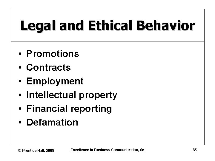 Legal and Ethical Behavior • • • Promotions Contracts Employment Intellectual property Financial reporting