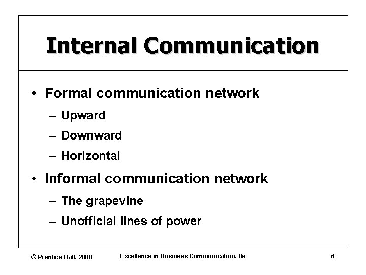 Internal Communication • Formal communication network – Upward – Downward – Horizontal • Informal