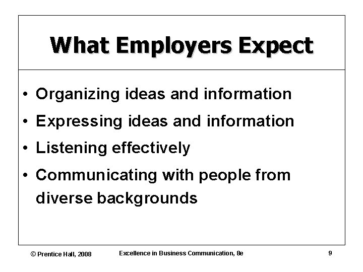 What Employers Expect • Organizing ideas and information • Expressing ideas and information •