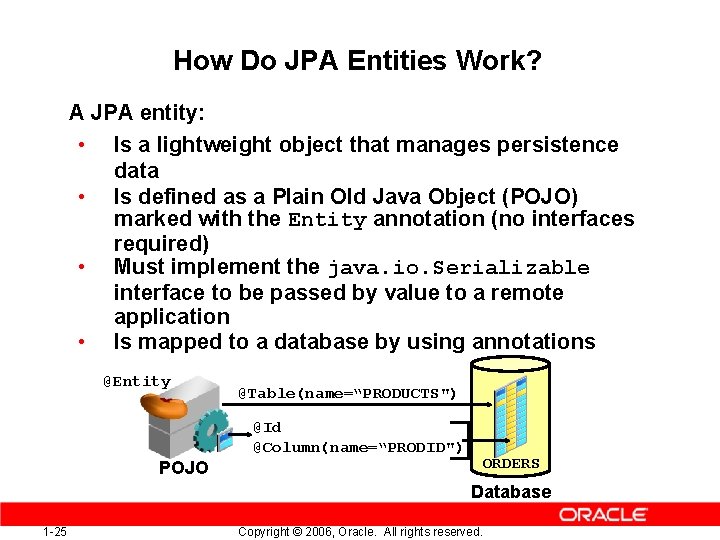 How Do JPA Entities Work? A JPA entity: • Is a lightweight object that