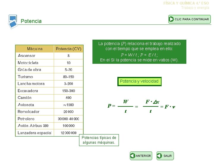 FÍSICA Y QUÍMICA 4. º ESO Trabajo y energía CLIC PARA CONTINUAR Potencia La