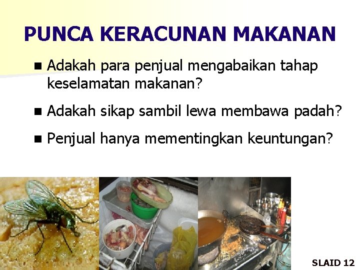 PUNCA KERACUNAN MAKANAN n Adakah para penjual mengabaikan tahap keselamatan makanan? n Adakah sikap