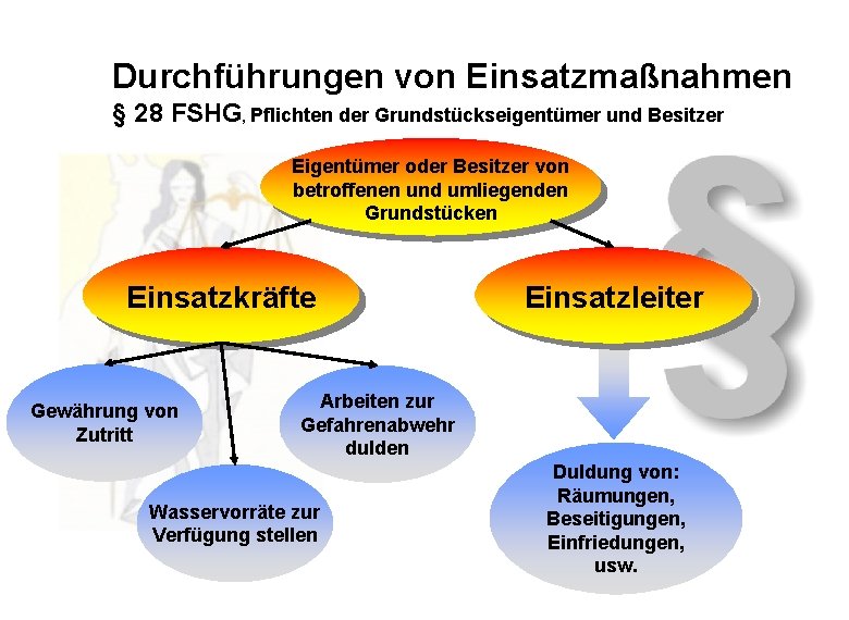 Durchführungen von Einsatzmaßnahmen § 28 FSHG, Pflichten der Grundstückseigentümer und Besitzer Eigentümer oder Besitzer