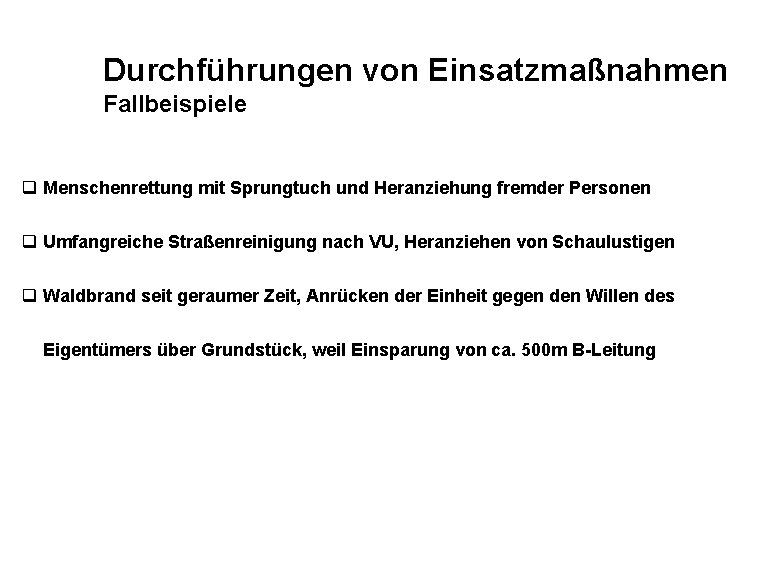 Durchführungen von Einsatzmaßnahmen Fallbeispiele q Menschenrettung mit Sprungtuch und Heranziehung fremder Personen q Umfangreiche