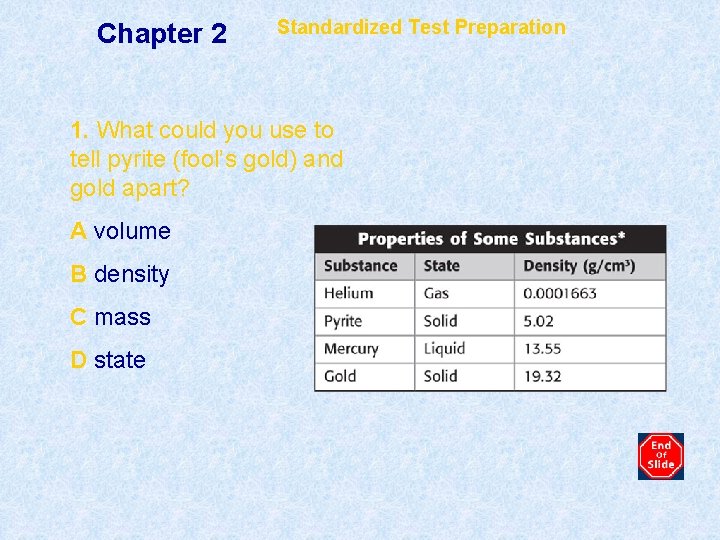 Chapter 2 Standardized Test Preparation 1. What could you use to tell pyrite (fool’s