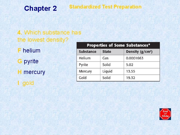 Chapter 2 Standardized Test Preparation 4. Which substance has the lowest density? F helium