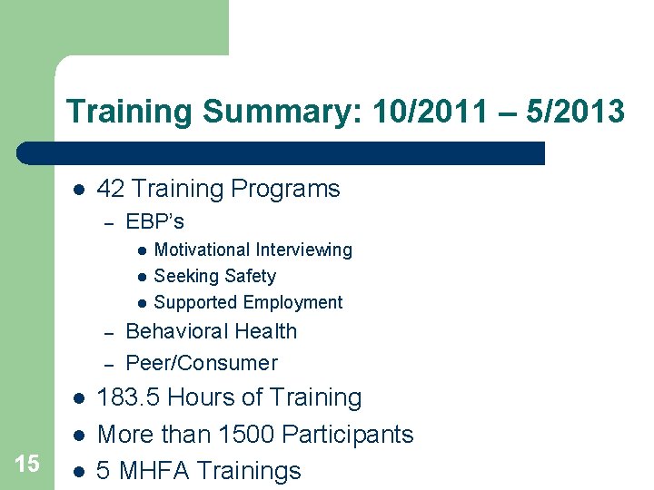 Training Summary: 10/2011 – 5/2013 l 42 Training Programs – EBP’s l l l