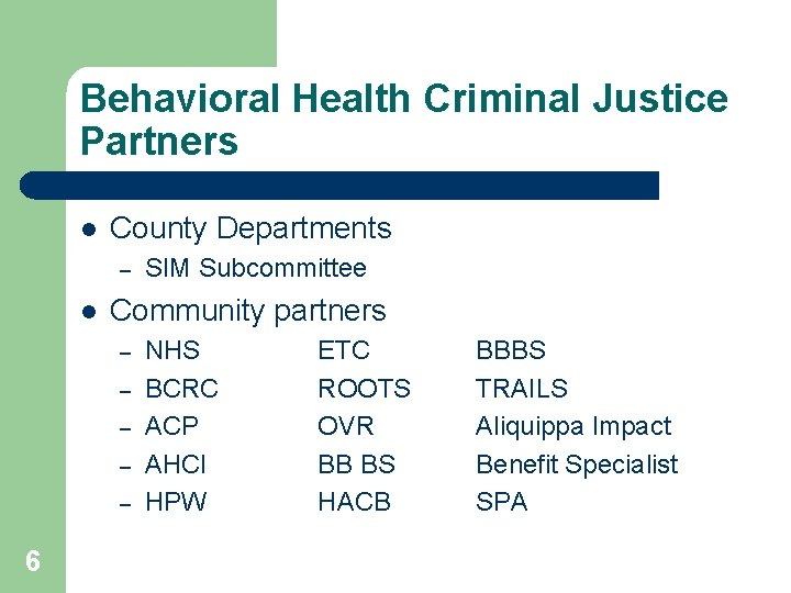 Behavioral Health Criminal Justice Partners l County Departments – l Community partners – –