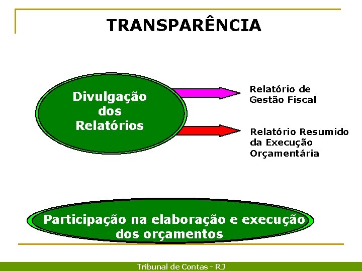 TRANSPARÊNCIA Divulgação dos Relatório de Gestão Fiscal Relatório Resumido da Execução Orçamentária Participação na