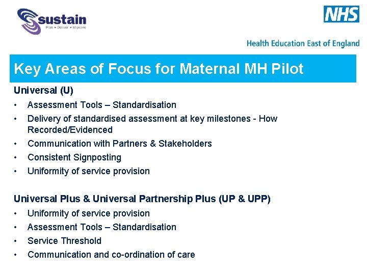 Key Areas of Focus for Maternal MH Pilot Universal (U) • Assessment Tools –